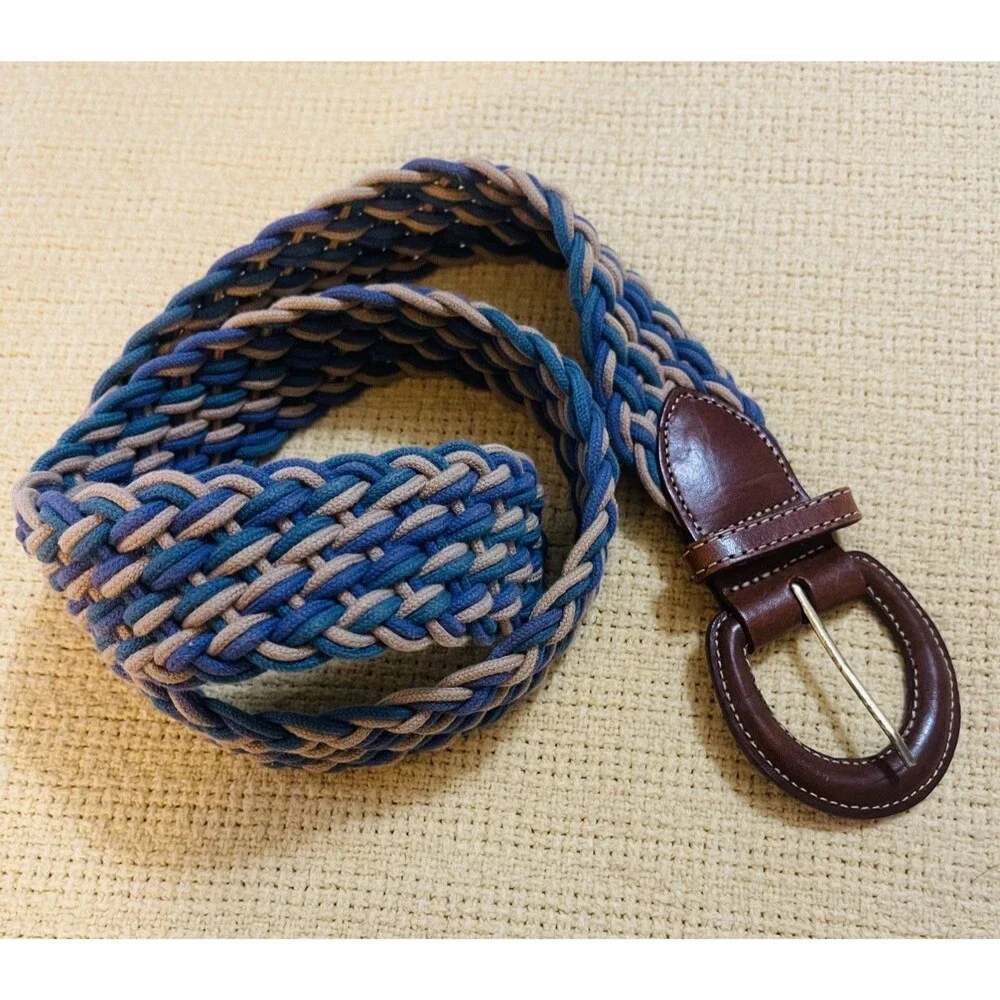 VTG LL BEAN Belt Multicolor Woven fabric leather Brass Buckle 36” L